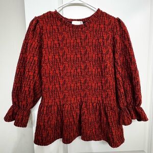 R.O. & De Textured Peplum Top XS Red/Orange Black Puff Sleeve Blouse Boho Chic
